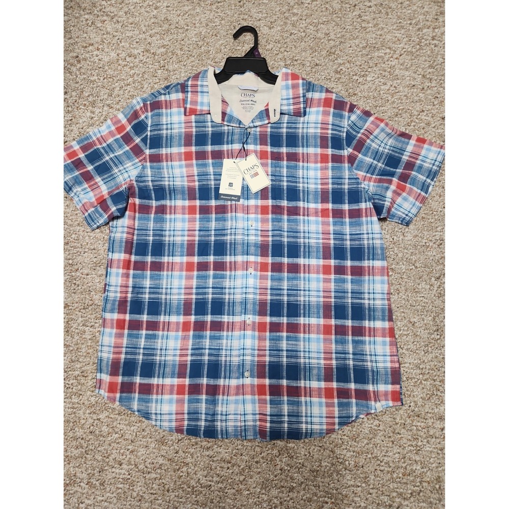 Chaps Shirt Men's 2XL Seacoast Wash Plaid Linen Blend Short Sleeve Button NWT